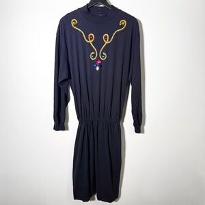 Identity - Vintage Navy Jeweled Long Sleeve Midi T-Shirt Dress L–XL